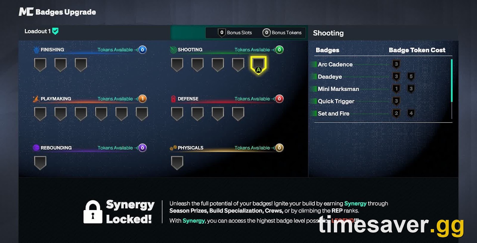 NBA 2K27 MyPLAYER badge upgrade screen showing badge slots and Badge Token costs