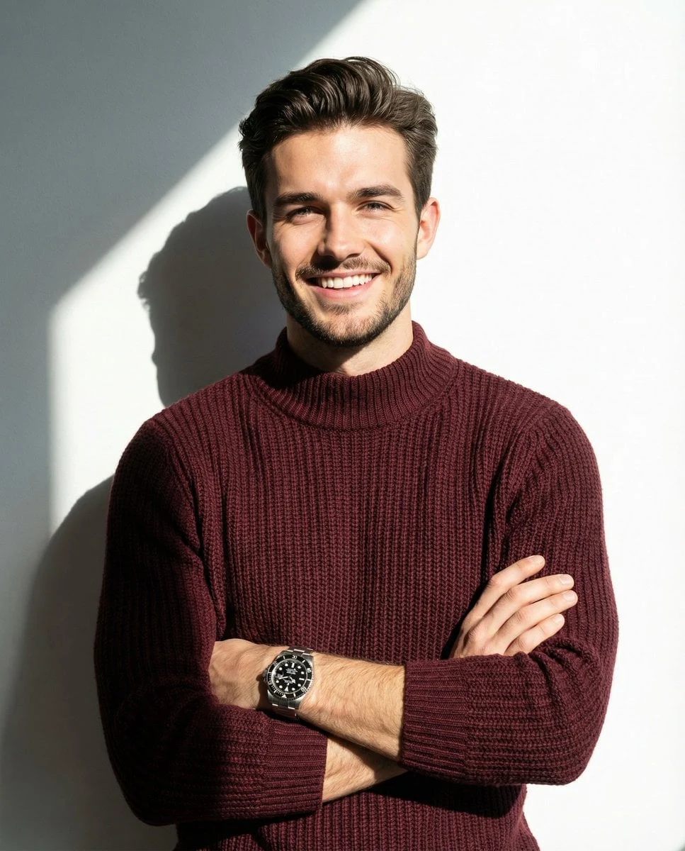 Un hombre sonriendo y posando con los brazos cruzados, vistiendo un suéter de punto color granate de cuello alto, con un...