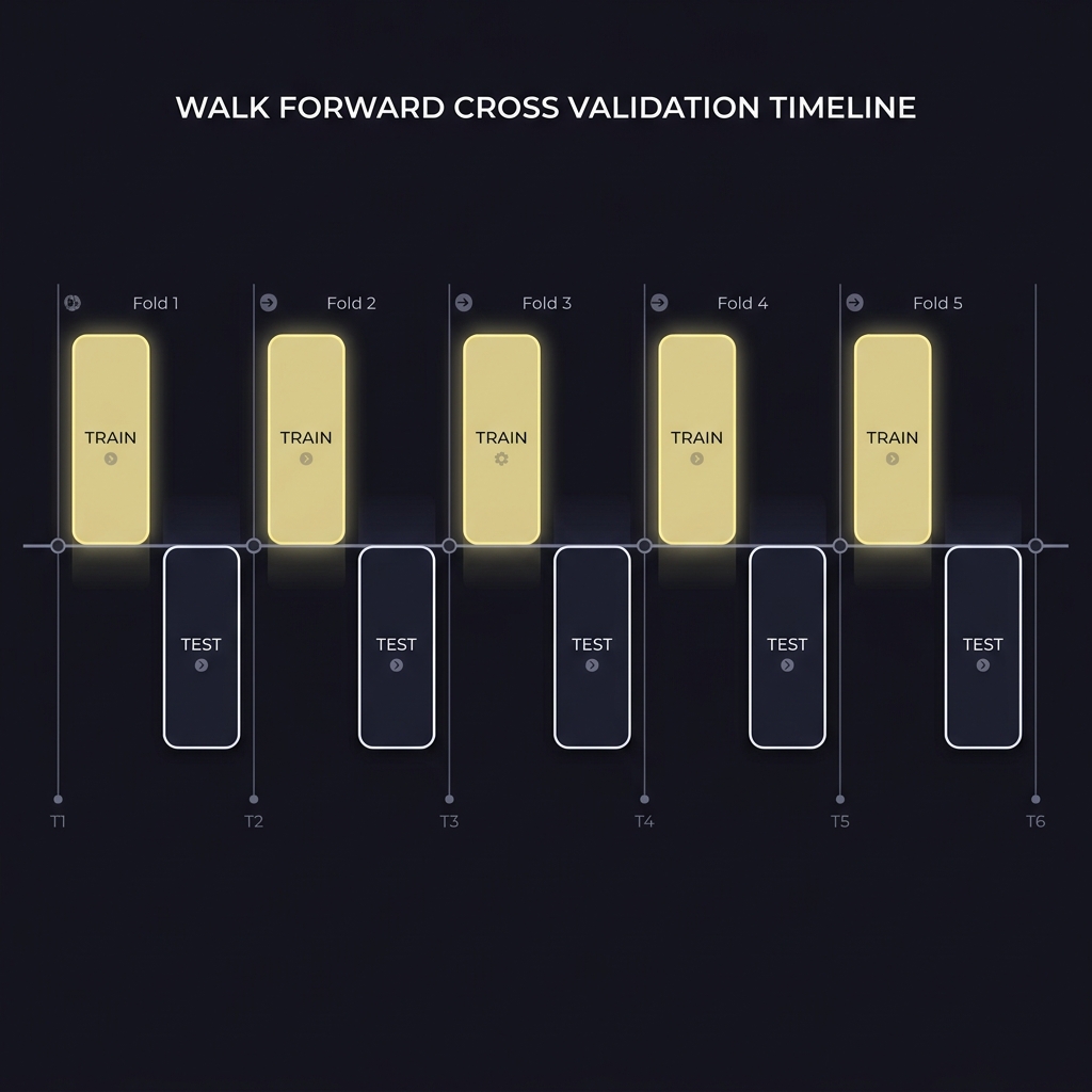 Minimalist infographic showing walk forward folds on a horizontal timeline with training windows highlighted in accent color How to Track Whether Your Model Has a Real Edge
