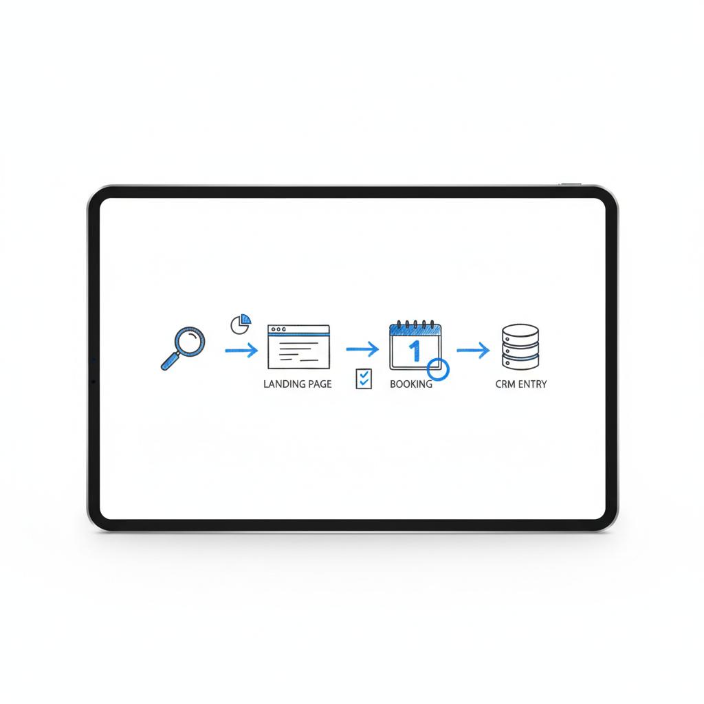 Minimalist vector tablet flowchart showing search to landing page to calendar booking to CRM entry for google ads for real estate agents, dark charcoal and blue accents