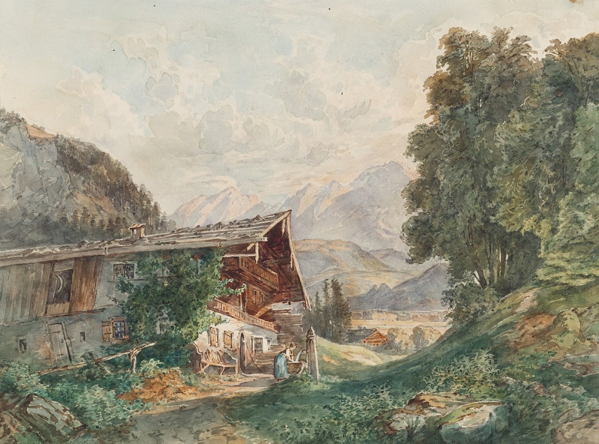 Alpenlandschaft mit Bauernhaus und Frau am Brunnen 1860