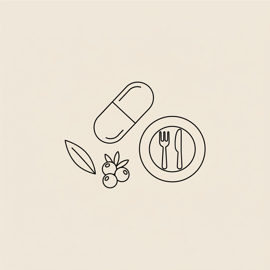 Minimalist Tonum-style line illustration of a capsule, small plate with cutlery, and a berry cluster on beige background referencing best tablet for weight loss