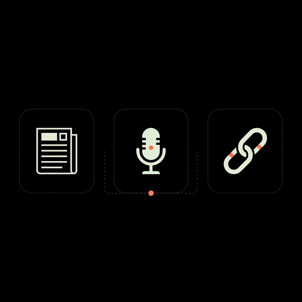 Minimal 2D vector infographic showing three icons — news article, podcast mic, and link chain — on black background as notability signals to get verified on Instagram