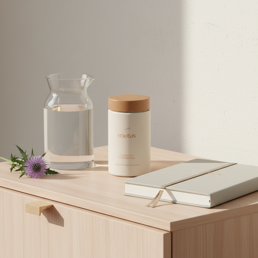 Motus supplement jar on wooden bedside table with glass carafe and open wellness journal, milk thistle accent and soft morning light — phentermine pills
