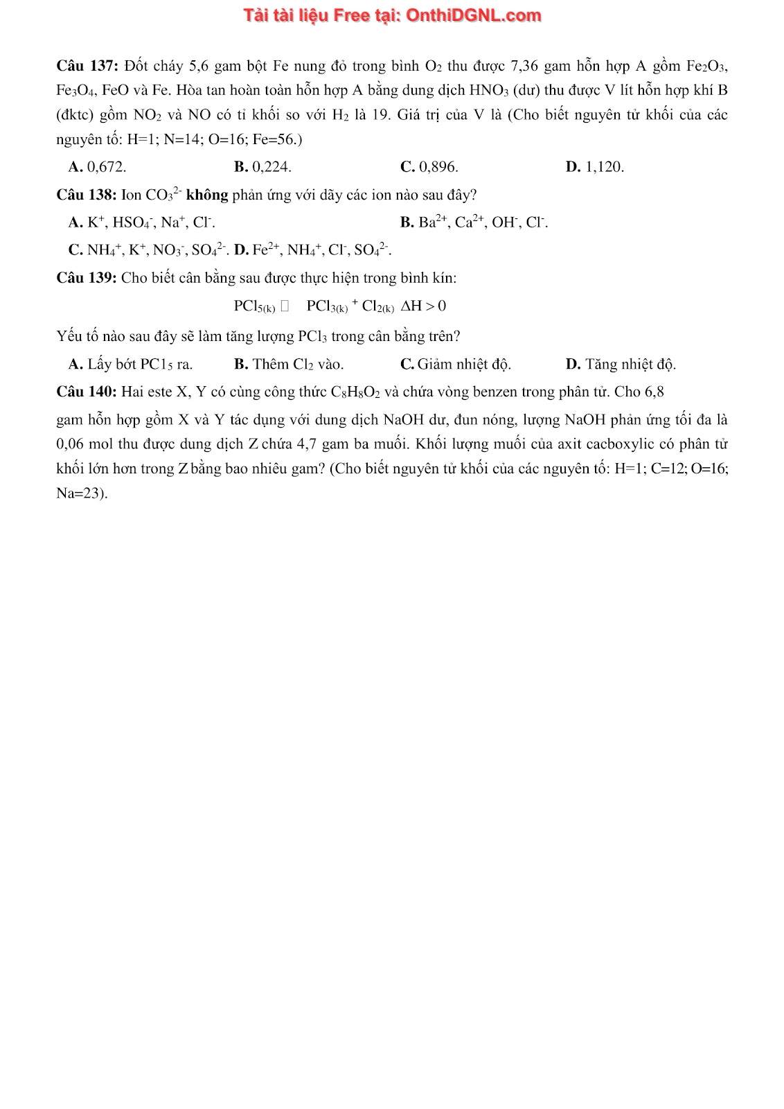 260 bài tập môn Hóa học - Ôn thi ĐGNL ĐHQG Hà Nội Phần 25