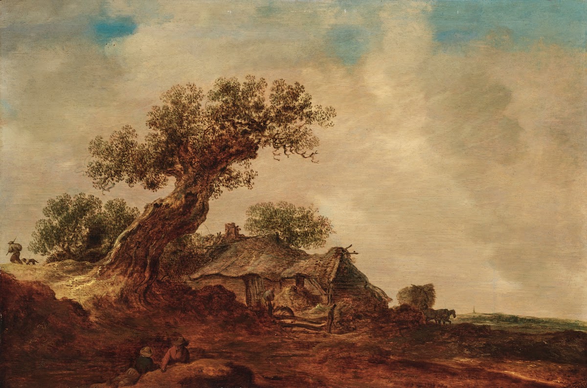 Dune landscape with a thatched cottage next to an oak tree a meadow in the backg