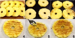 Gọt vỏ thơm, cắt các mắt đen thật sạch (vì các mắt này rất bẩn và độc) xắt thành các miếng có độ dày khoảng 2cm và gọt bỏ lõi bên trong. Sau đó xếp thơm lên bếp nướng, nướng mỗi mặt khoảng 10-12 phút cho đến khi bề ngoài thơm hơi xém vàng nâu rồi cho ra đĩa, rắc đường nâu và rưới mật ong lên là có thể dùng.