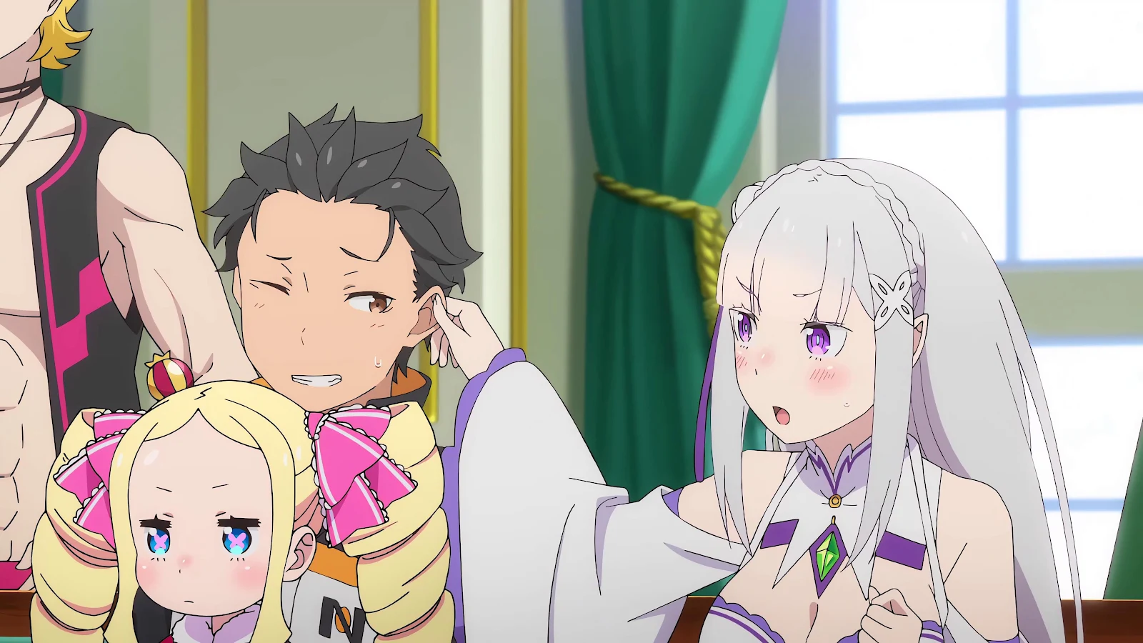 Emilia Pulling Subaru's Ear - Anime Art Style 4K Wallpaper (3840x2160)
