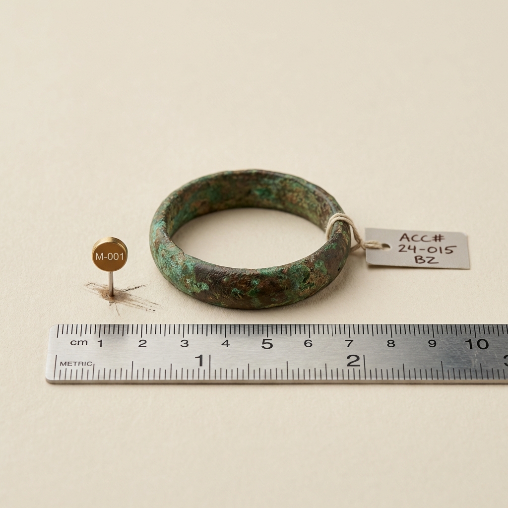 Close up photograph of corroded bronze ring ancient with magnet test marker and 10 cm scale on pale beige background