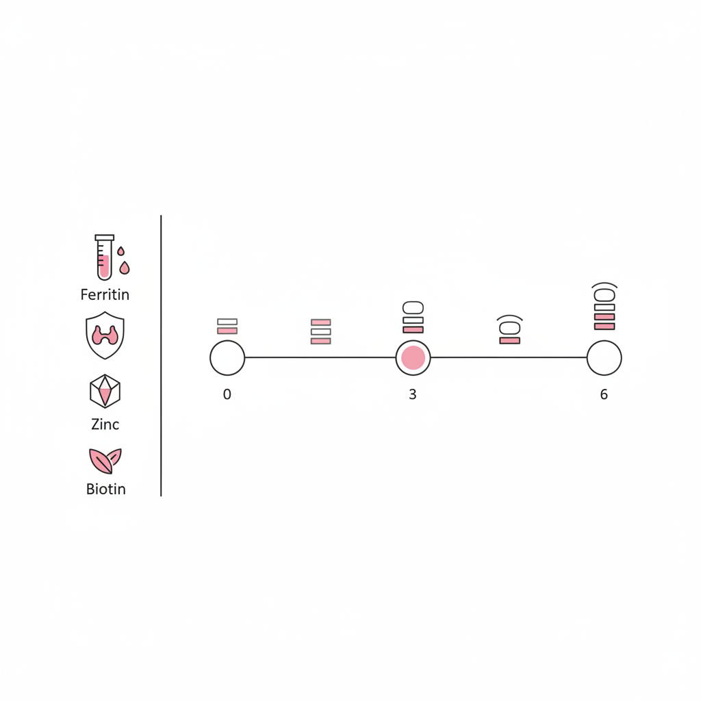 Minimalistische Vektor-Infografik zu brüchige Nägel mit Icons für Ferritin, TSH, Zink, Biotin und visueller 0–3–6‑Monate-Timeline in NailX-Farben.