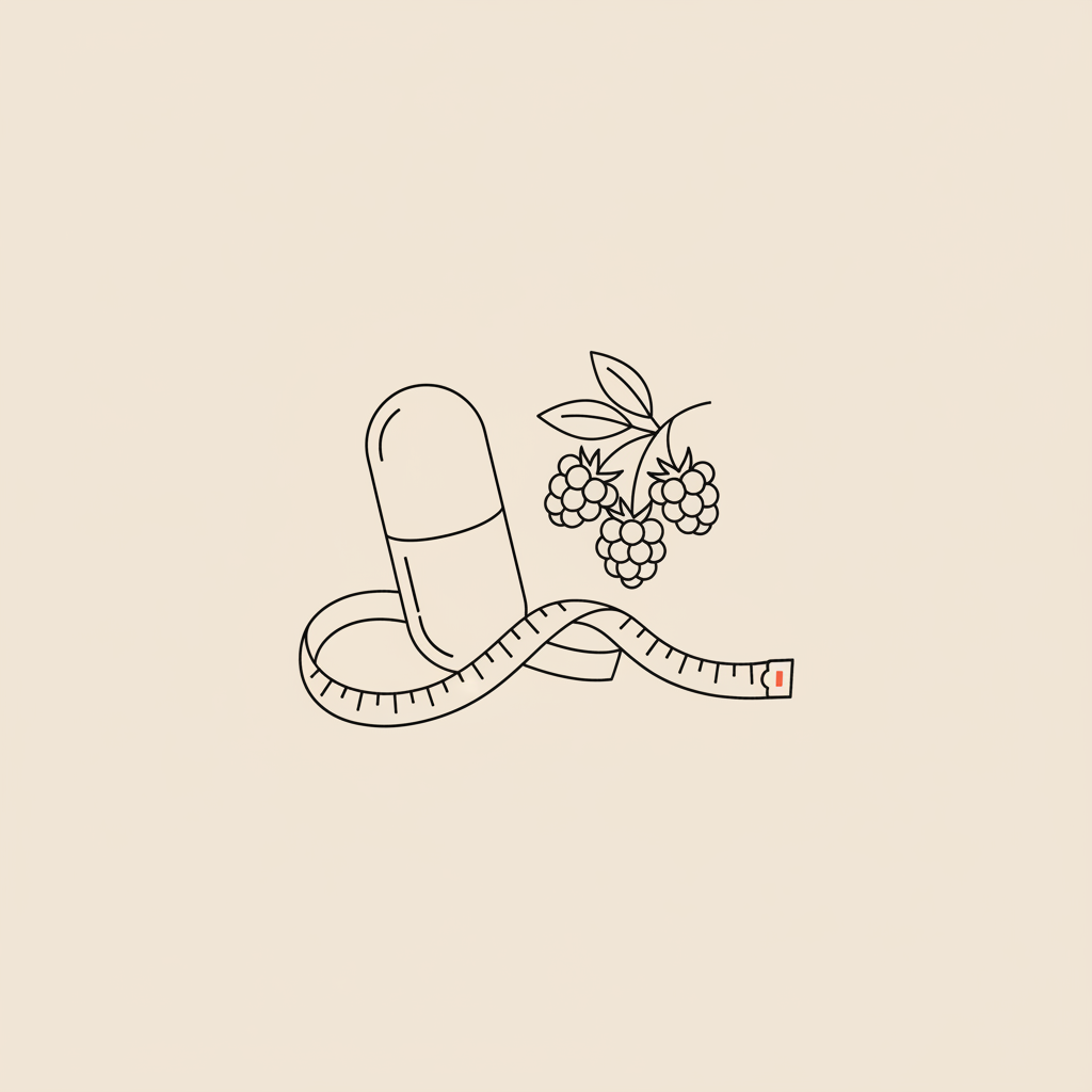 Minimal Tonum-style vector line illustration of a capsule, raspberry sprig and measuring tape on beige background — how long to lose weight with raspberry ketones