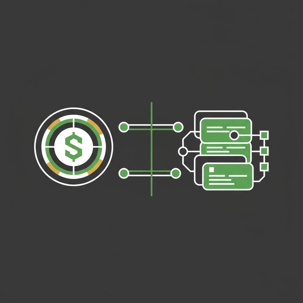 Minimal 2D vector split illustration of a stablecoin token connected to exchange rails on the left and stylized smart contract icons on the right coin in market