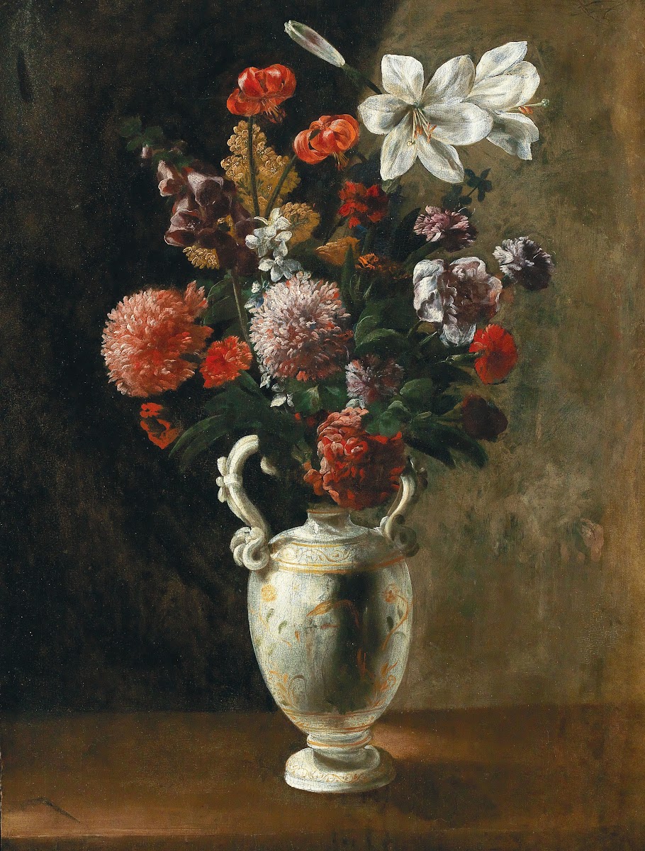 Roses foxgloves peonies carnations and lilies in a majolica vase