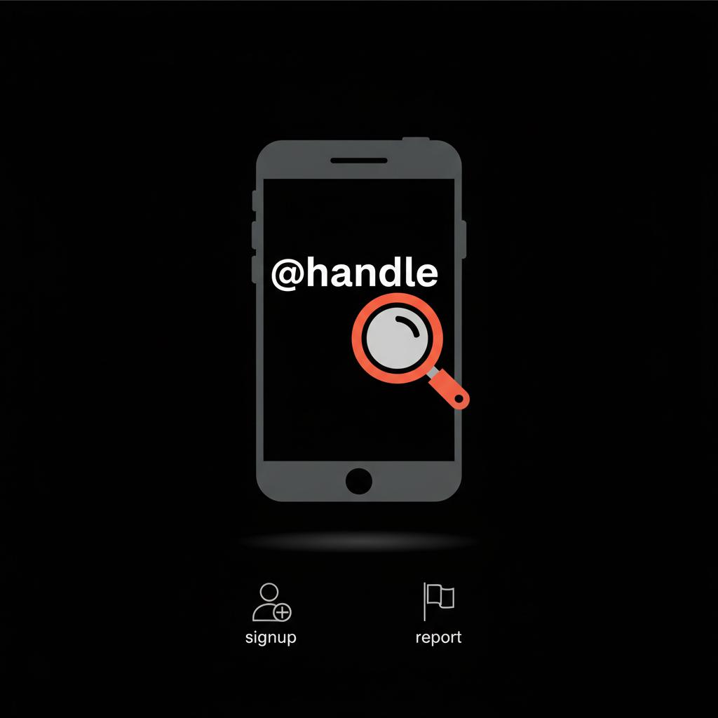 Clean vector infographic of a magnifying glass over an @handle on a phone screen with signup and report icons, illustrating Instagram username availability.