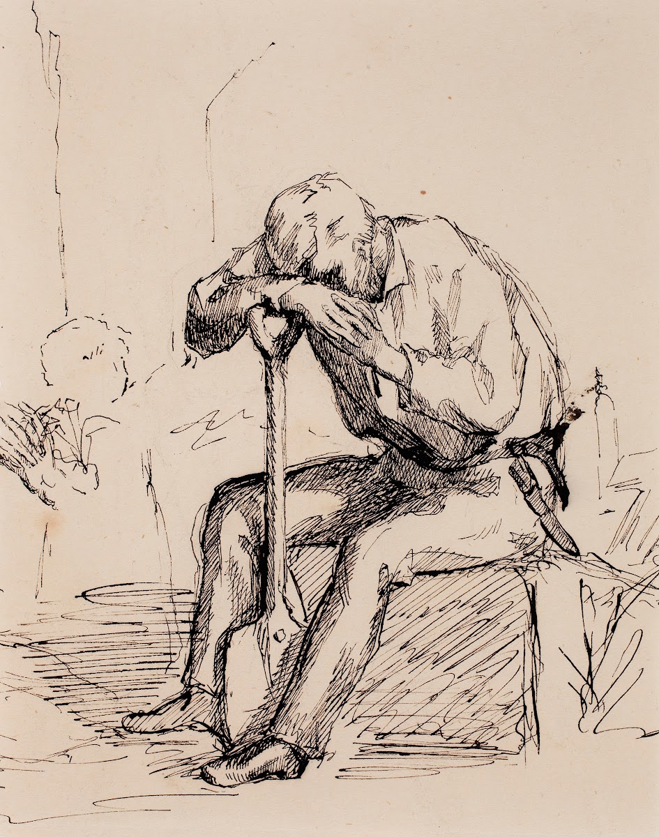 Istuva lapioonsa nojaava mies luonnos 1877   1883