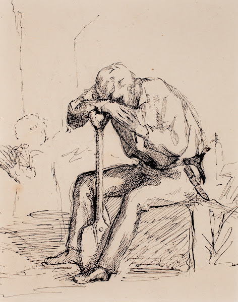 Istuva lapioonsa nojaava mies luonnos 1877   1883