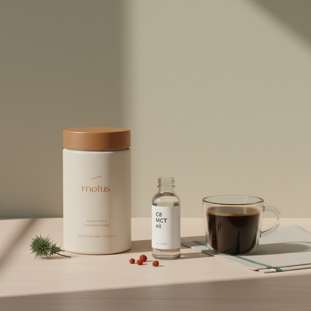 Tonum Motus supplement jar beside a glass bottle labeled C8 MCT oil and a cup of black coffee on a light wooden table in a minimalist wellness scene.