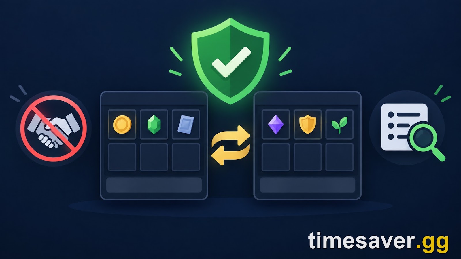 Safe-trading rules: swap inside the trade window, no middleman, re-read every item before accepting