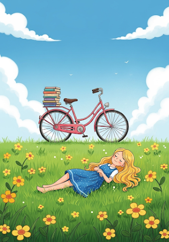 Whimsical Girl and Bicycle in Field