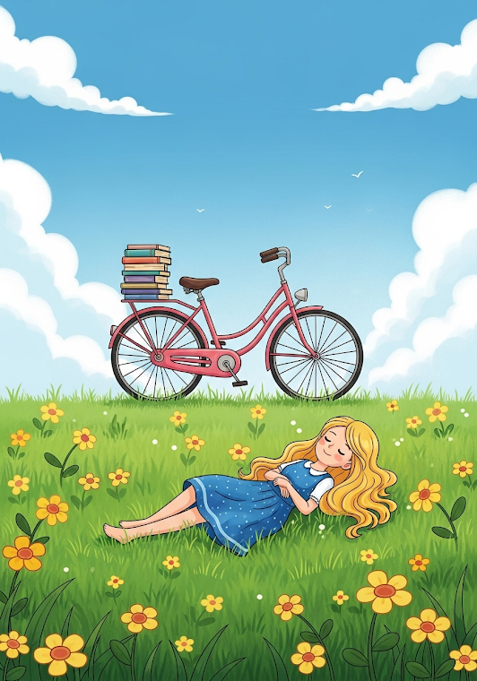 Whimsical Girl and Bicycle in Field