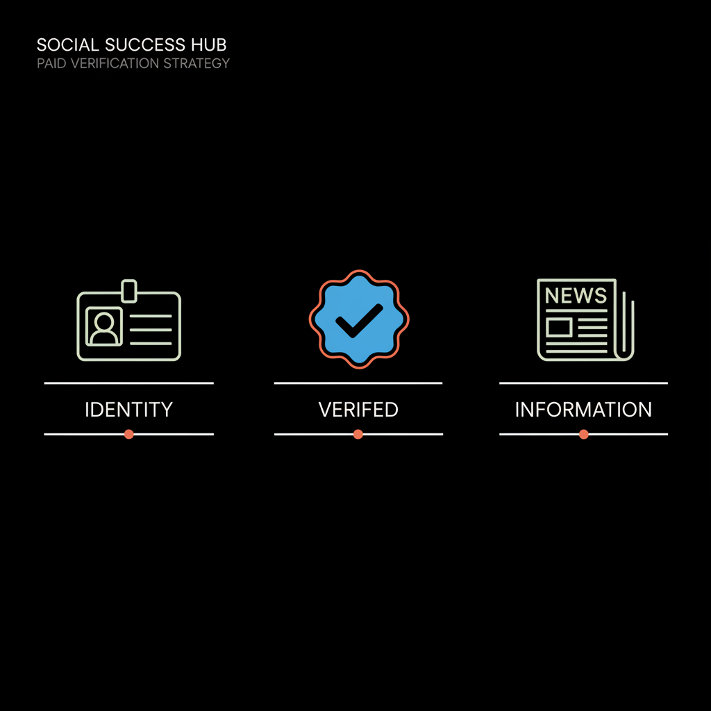 Minimal vector infographic on black background showing ID card, blue check badge, and newspaper icons illustrating pay to get verified on Instagram
