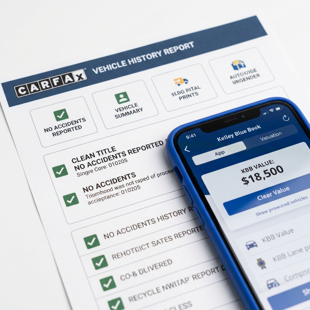 Close up of a printed vehicle history report next to a smartphone showing a KBB valuation for vehicles under 10000 on a clean white background minimalist CarFax Deals style