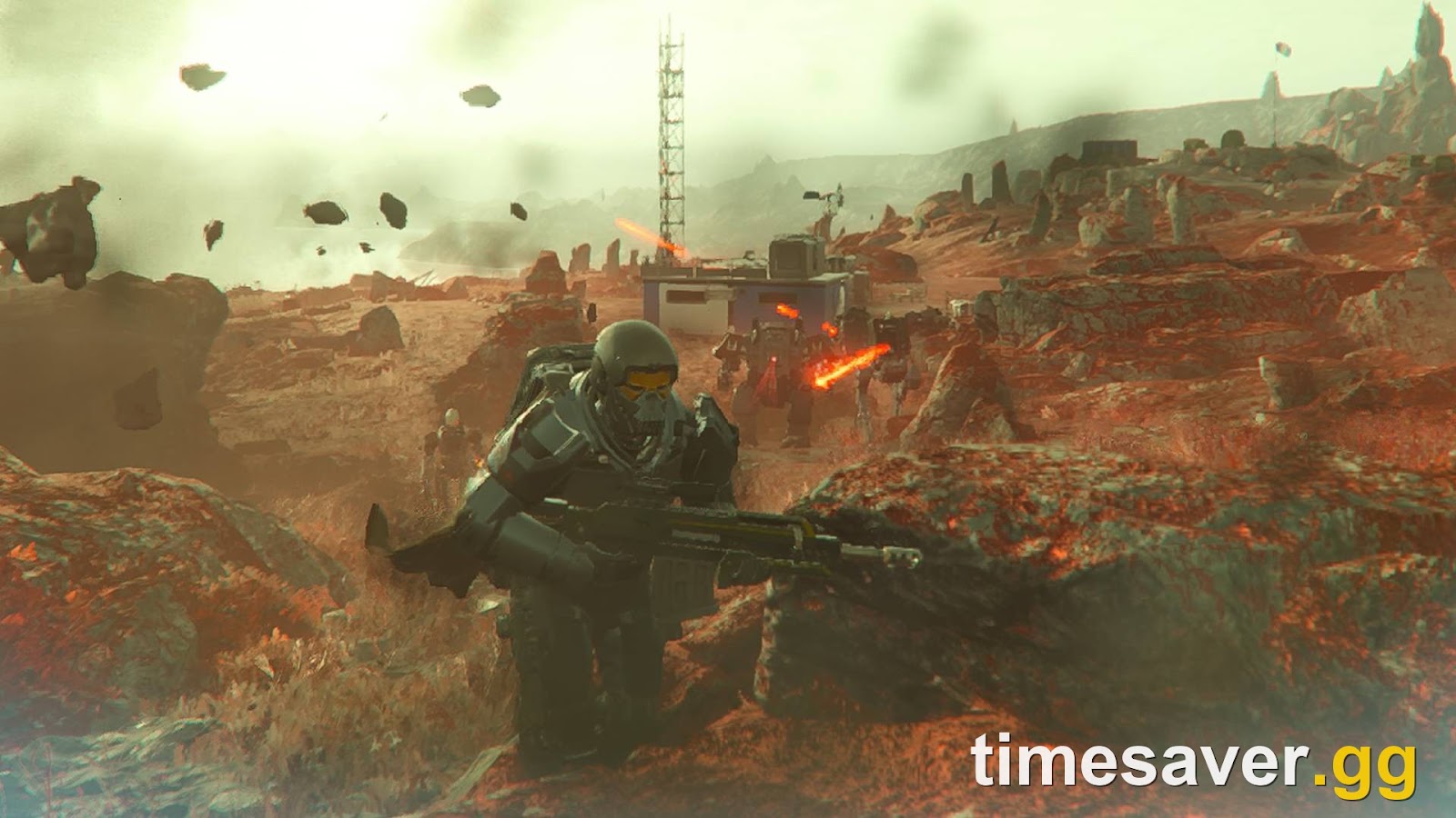 Helldivers 2 Helldiver fighting Automatons firing red energy weapons