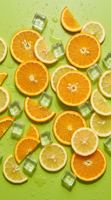 Fresh Lemon and Orange Slices with Ice Cubes on Green - Free mobile Wallpaper