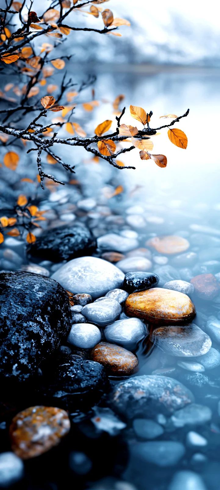 Autumn Leaves Over Wet Stones - High Contrast Photography 2K iPhone Wallpaper (1847x4096)
