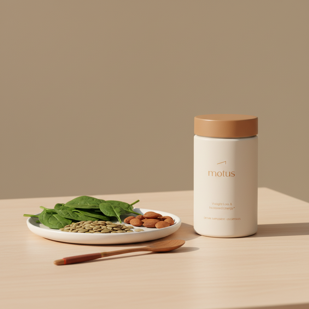 Motus supplement jar beside plate of spinach, pumpkin seeds and almonds on a light wooden table against beige background, promoting magnesium for belly fat.