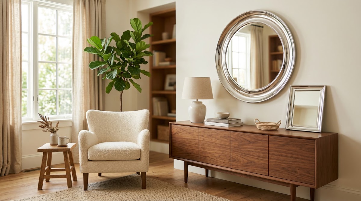 How to Use Chrome Mirrors to Make Small Rooms Feel Brighter - warm modern chrome and wood interior hero image