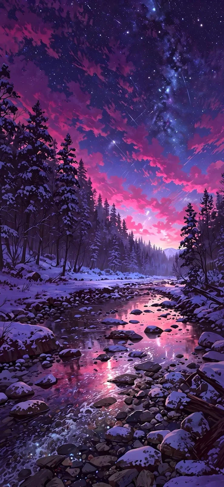 Starry Night Over Winter River - Anime Digital Art Full HD iPhone Wallpaper (1193x2584)