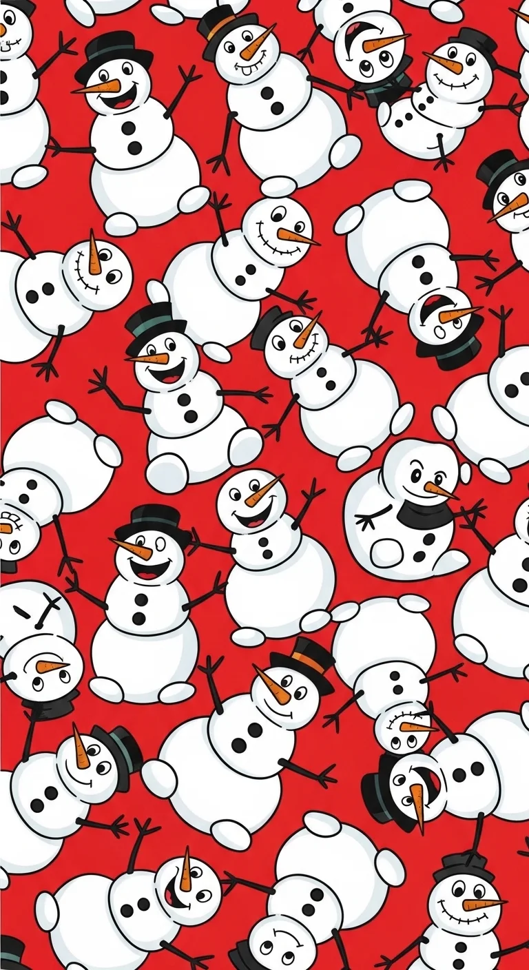 Vibrant Vertical Seamless Pattern of Cartoon Snowmen on a Red Background - Free 4K mobile Wallpaper