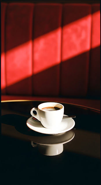 Cup of Coffee on Table with Reflection and Red Velvet Booth in Sunlight - Free mobile Wallpaper