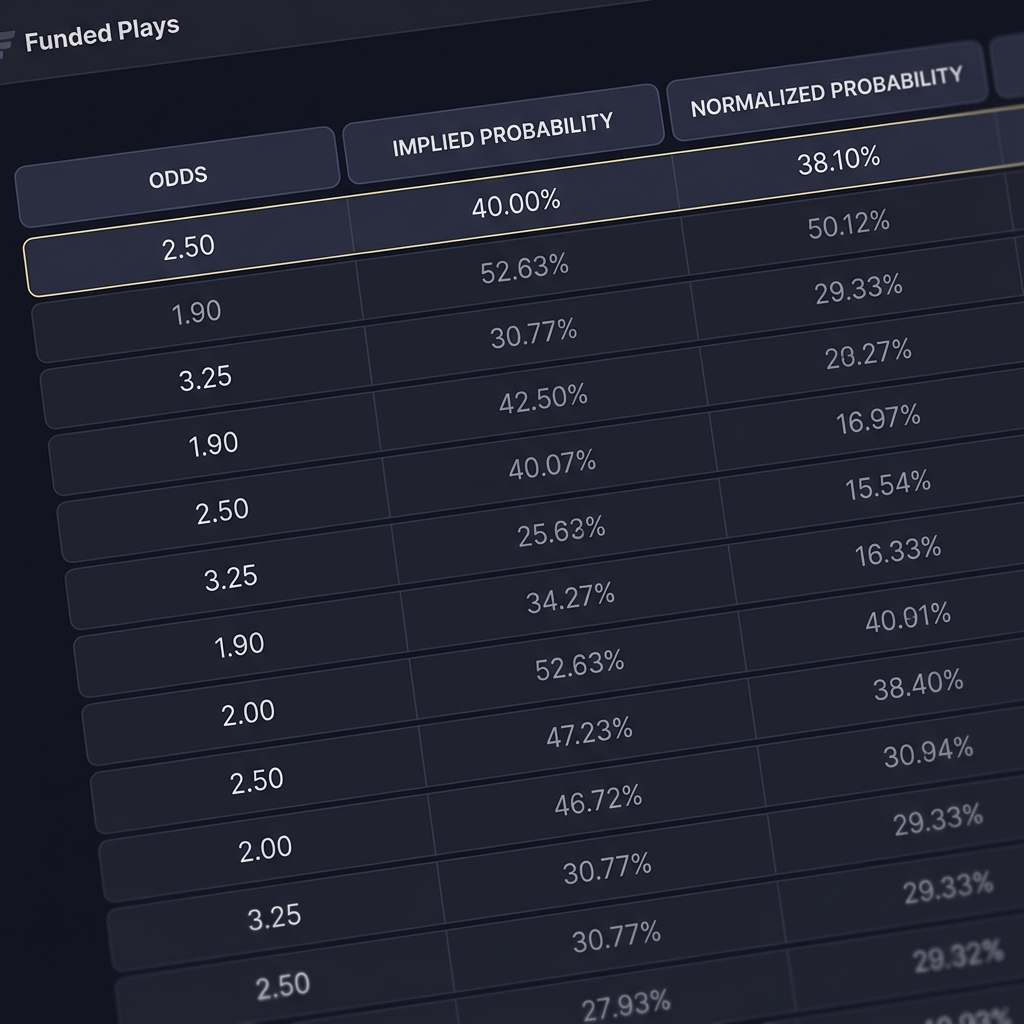 Close up spreadsheet showing odds implied probabilities and normalized probabilities columns with numeric values visible on Funded Plays dark background ideal for convert odds to probability guide
