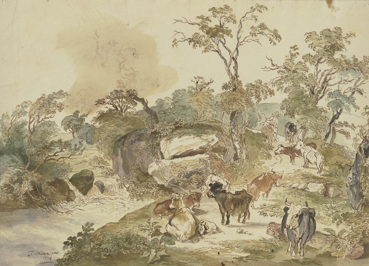 Rinderherde an einem Bach im Hintergrund der Hirte 1774