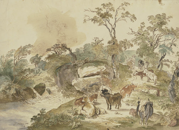 Rinderherde an einem Bach im Hintergrund der Hirte 1774