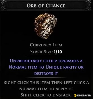 PoE2 Orb of Chance tooltip — "Unpredictably either upgrades a Normal item to Unique rarity or destroys it." Used on a white Stellar Amulet, it's the only way to gamble for Astramentis.