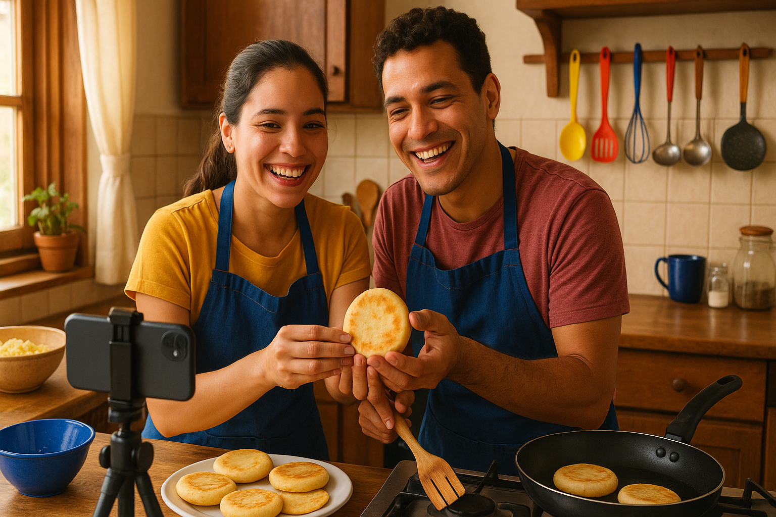 Venezolanos transmitiendo en vivo mientras preparan arepas