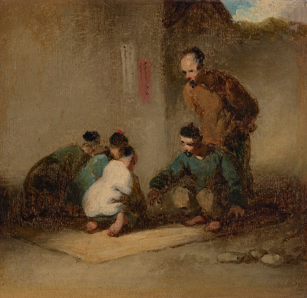 A street scene in Macau with five men gambling