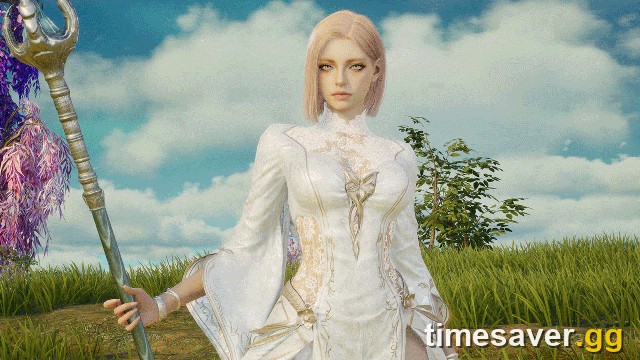 A white-haired AION 2 mage channels magic in a sunlit field — the familiar class fantasy of Aion, rebuilt for a new game