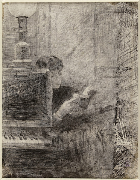Femme lisant à langle dun piano 19th Century