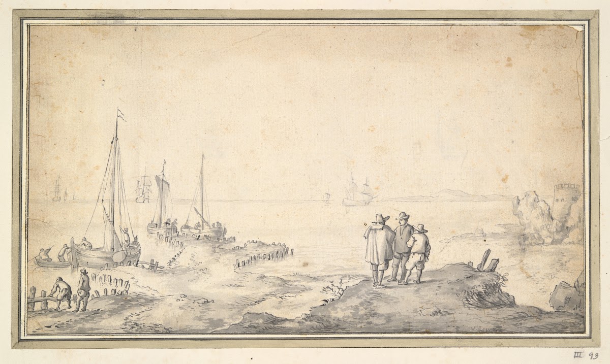 Three Figures on a Dune Overlooking Bay withShips
