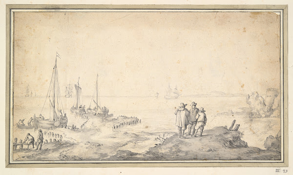 Three Figures on a Dune Overlooking Bay withShips
