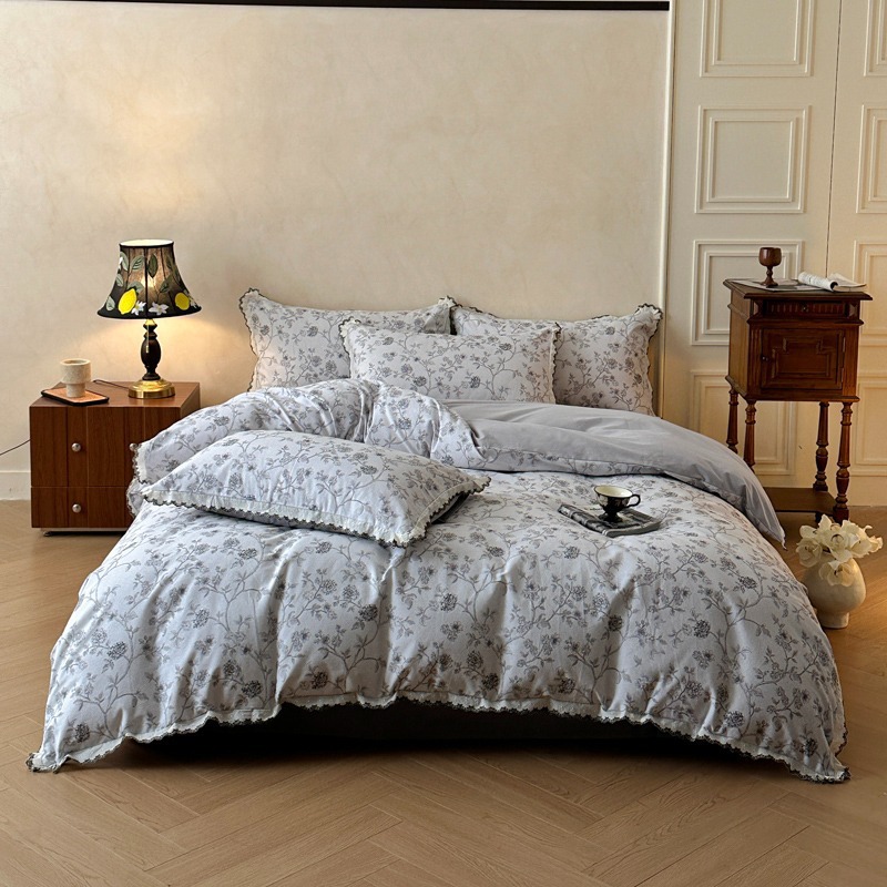 Cotton Bedding Set, brushed, Vintage style, with lace trim