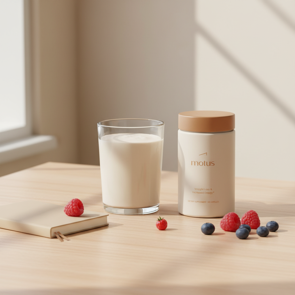 Prepared shake in a glass beside the Tonum Motus jar and notebook on a wooden table, clean minimalist lifestyle photo for weight loss shakes