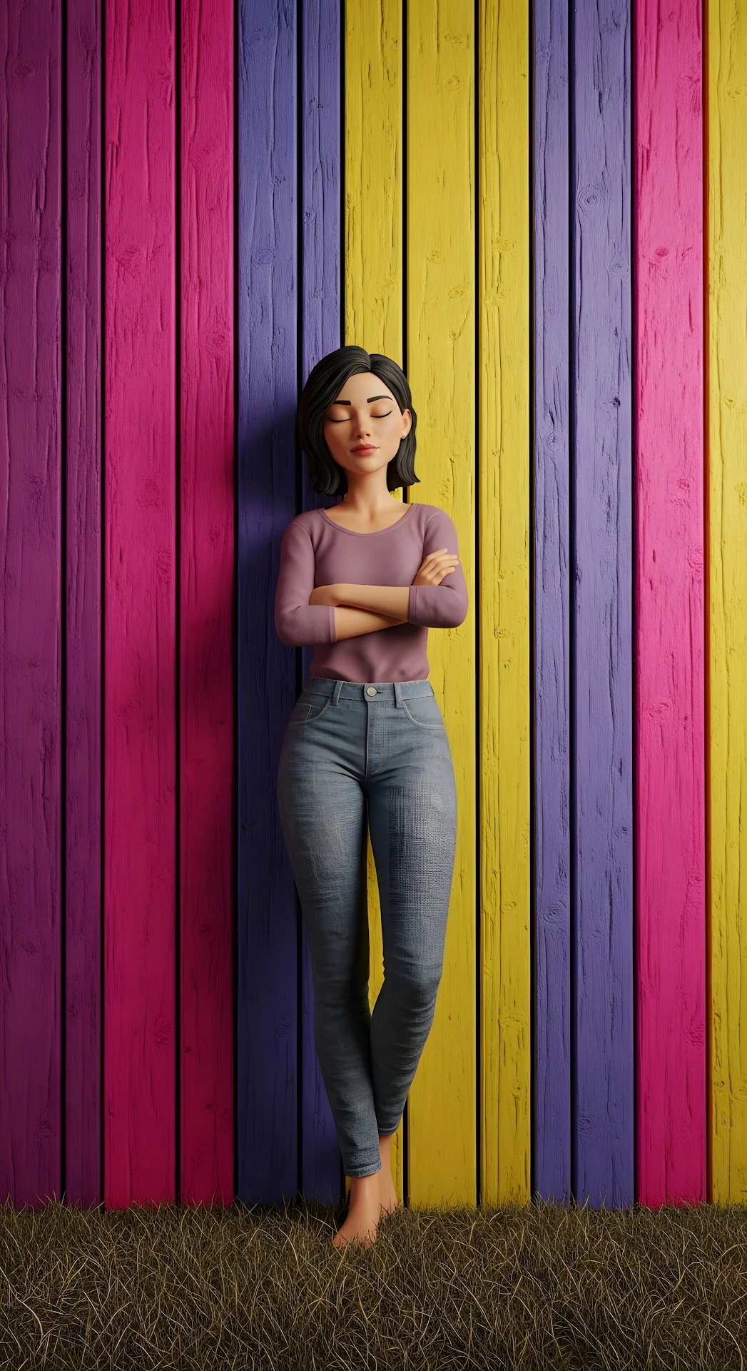 Stylized 3D Girl Character Standing Against Vibrant Textured Wall - Free 4K mobile Wallpaper