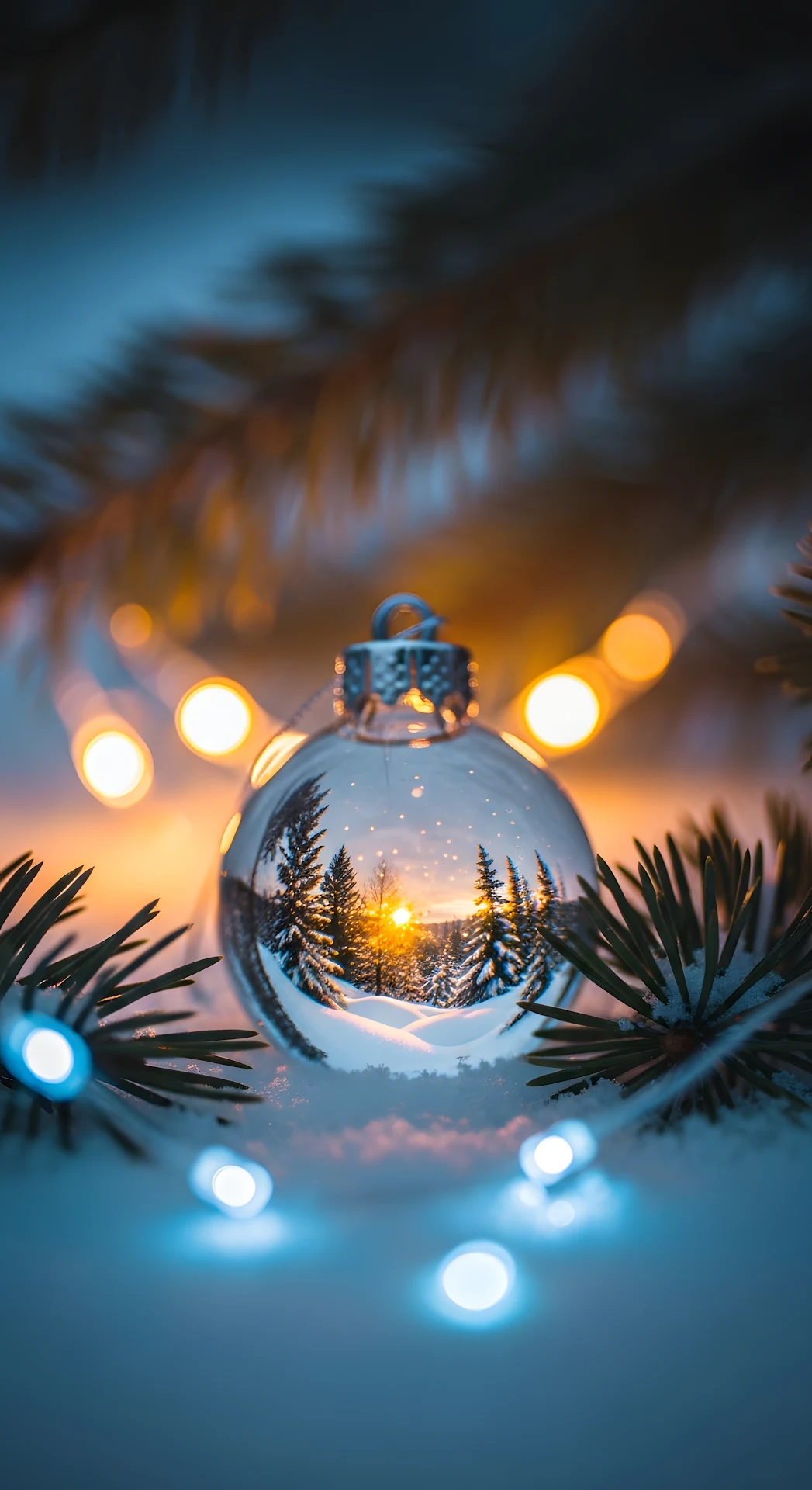 Winter Sunset Reflection Glass Christmas Ornament Bokeh - Free 4K mobile Wallpaper