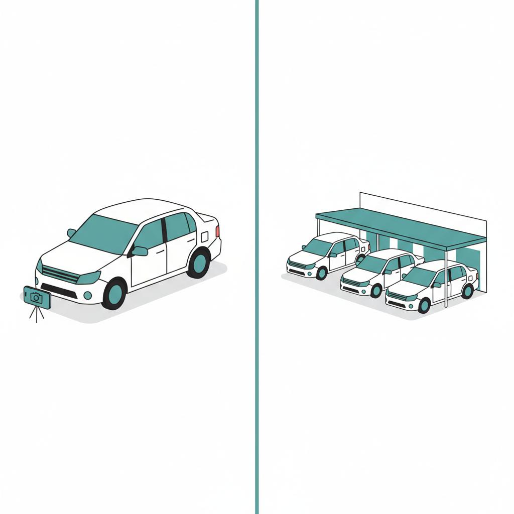 Split 2D vector illustration of a seller photographing a car versus a dealer lot with multiple similar cars illustrating carvana car value