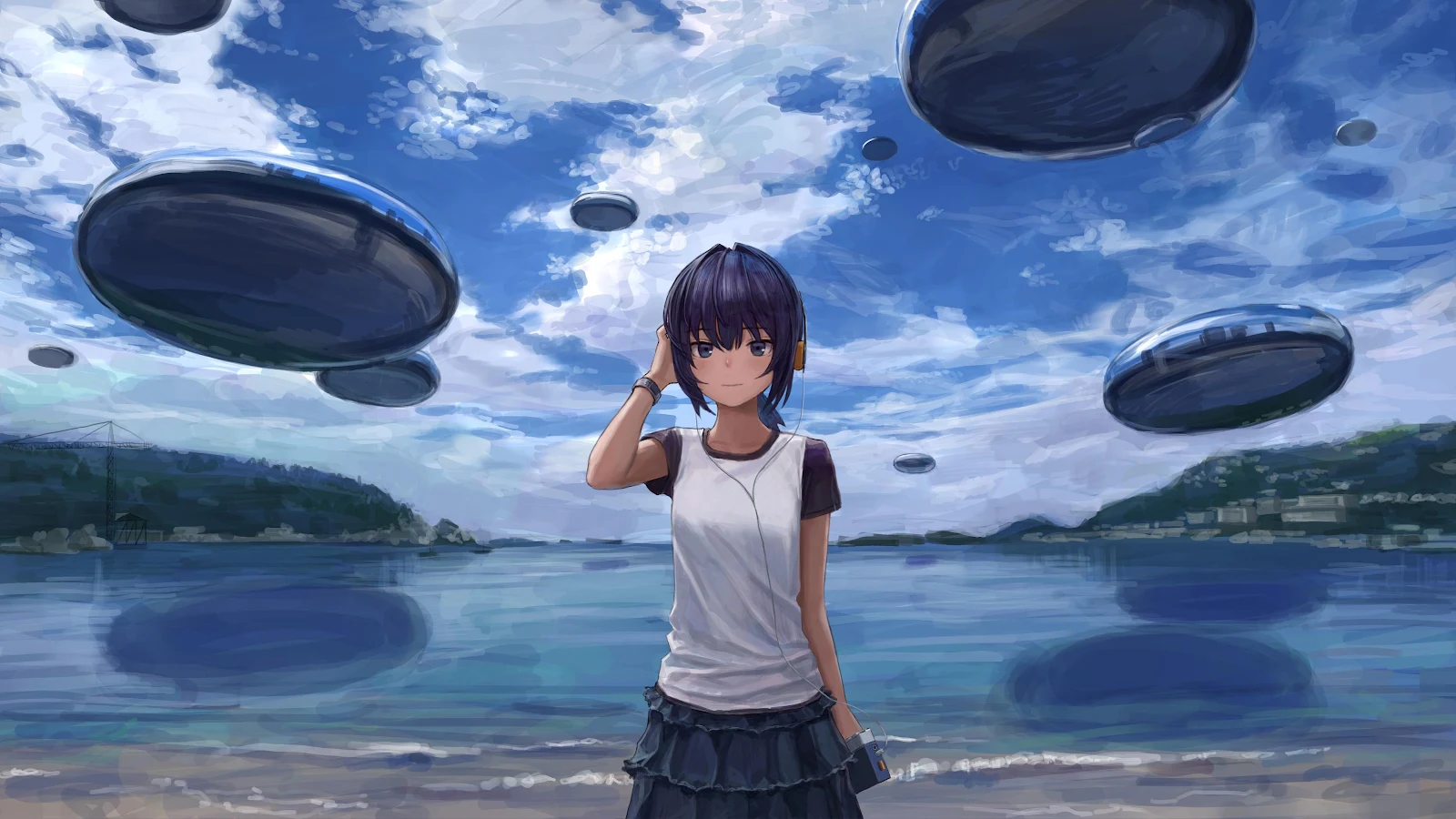 Anime Girl on Sci-Fi Beach - Anime Digital Art 4K Wallpaper (3840x2160)